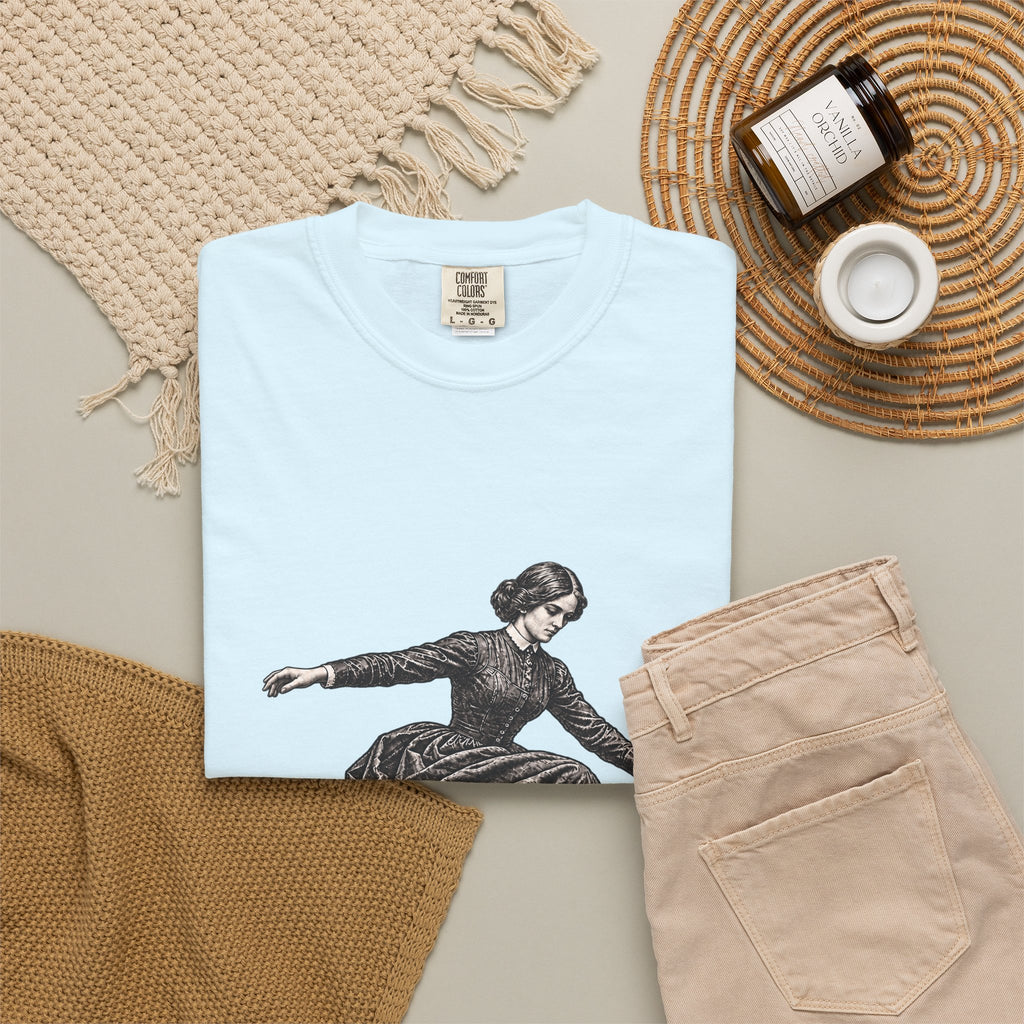 Jane Air t-shirt: Jane Eyre-inspired woman in period dress on a skateboard