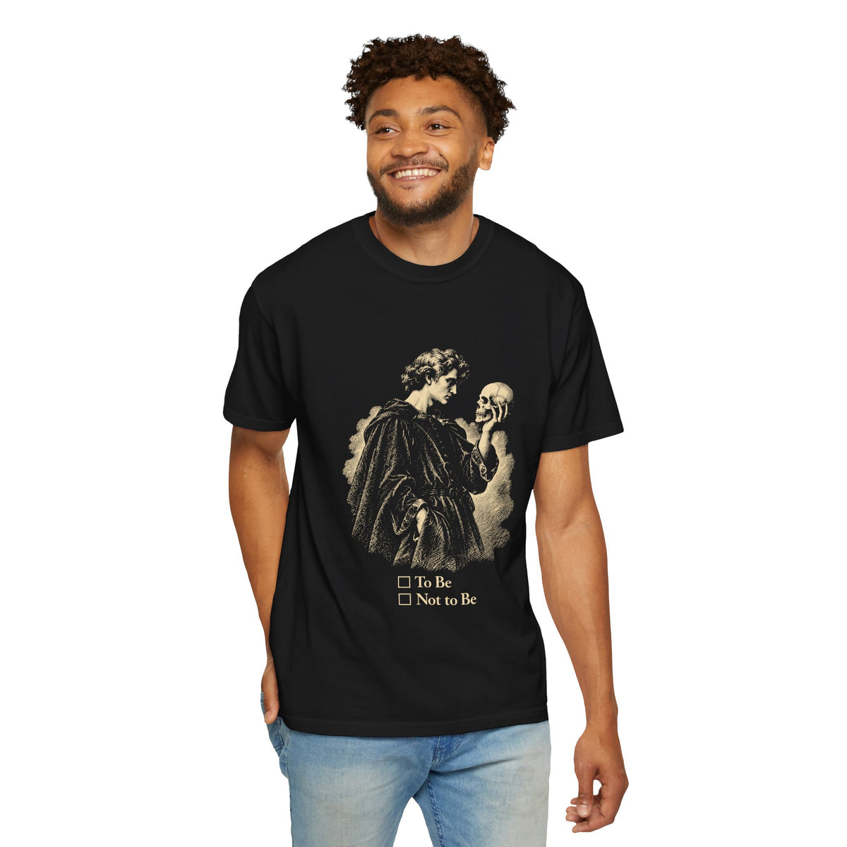 To Be Determined t-shirt: Hamlet holding a skull above To Be / Not to Be checkboxes