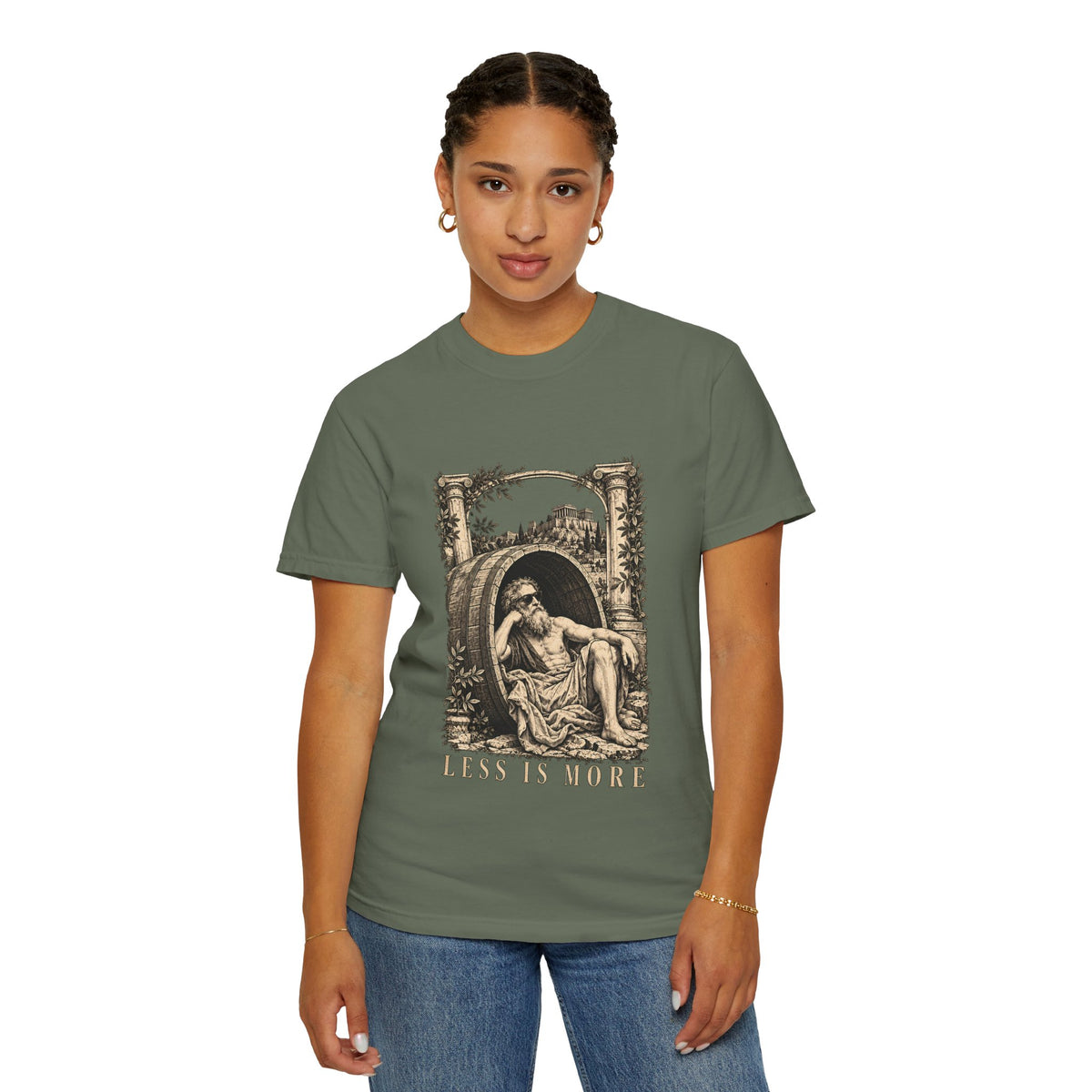 Less Is More t-shirt: Diogenes in sunglasses reclining in his barrel