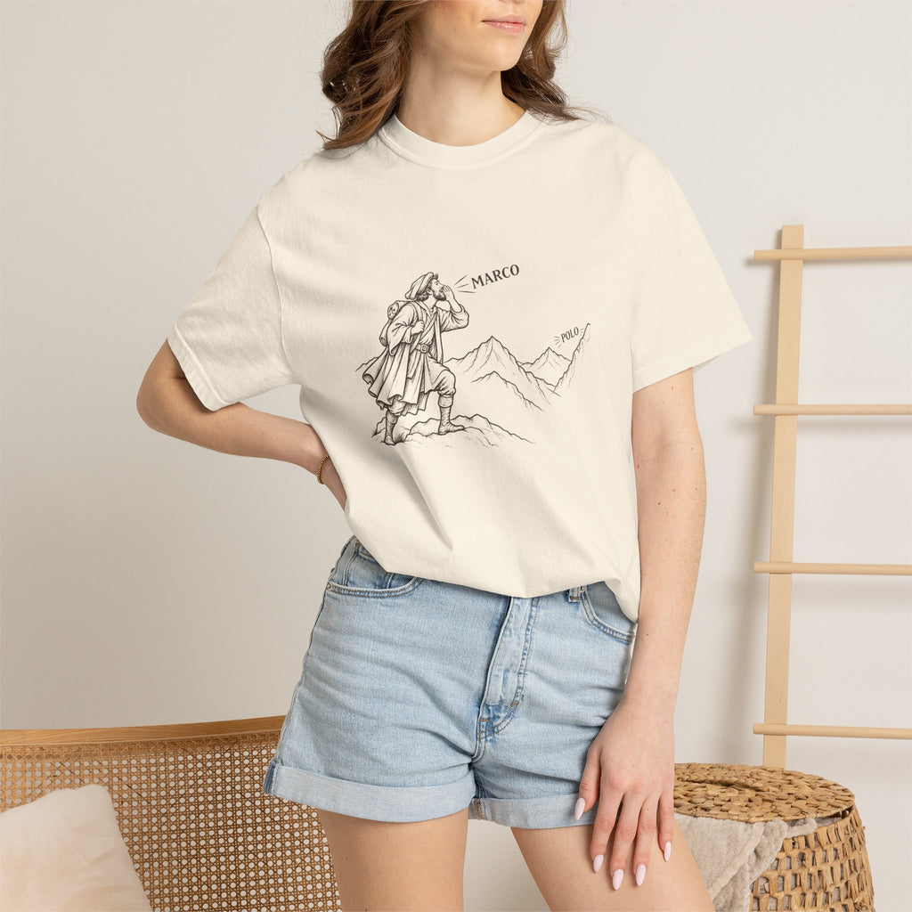 Marco / Polo t-shirt: vintage explorer calling across the mountains