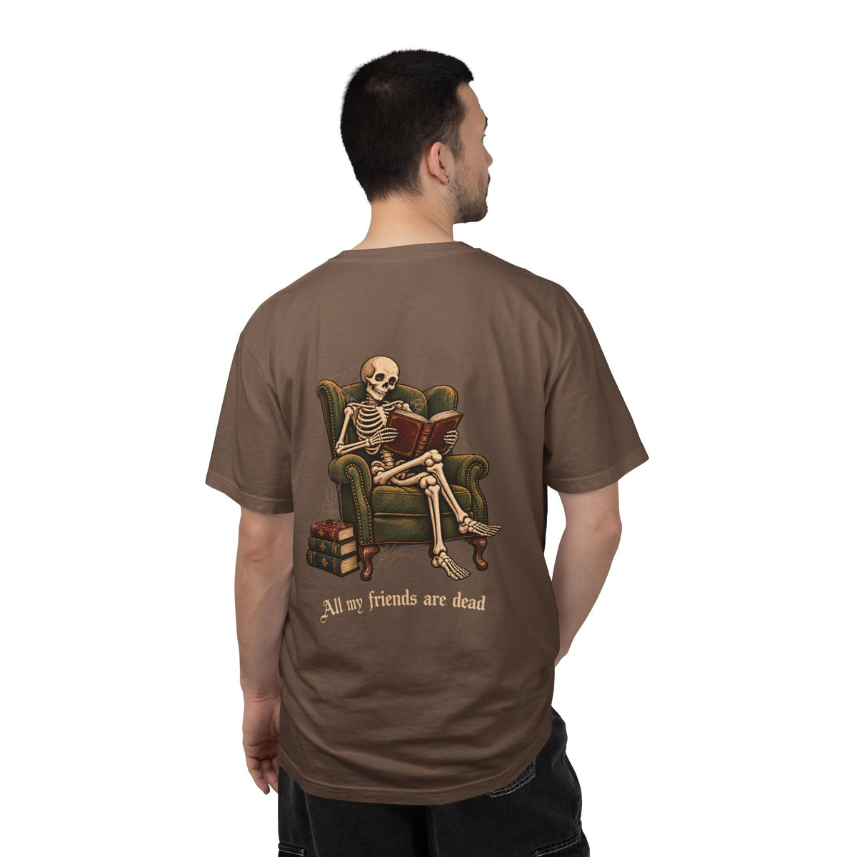 All My Friends Are Dead One More Chapter t-shirt: skeleton reading in an armchair