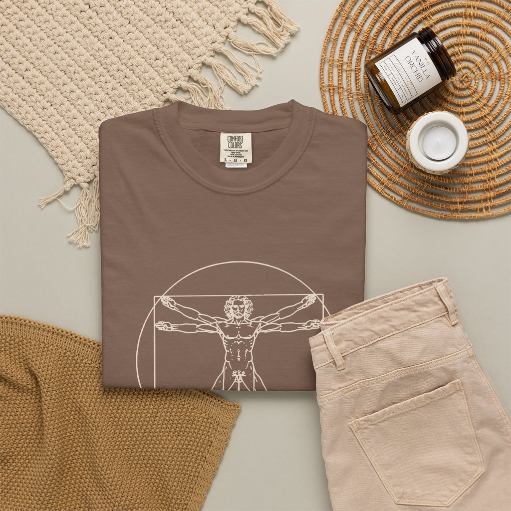 Built Different t-shirt: tonal Leonardo-style anatomy sketch