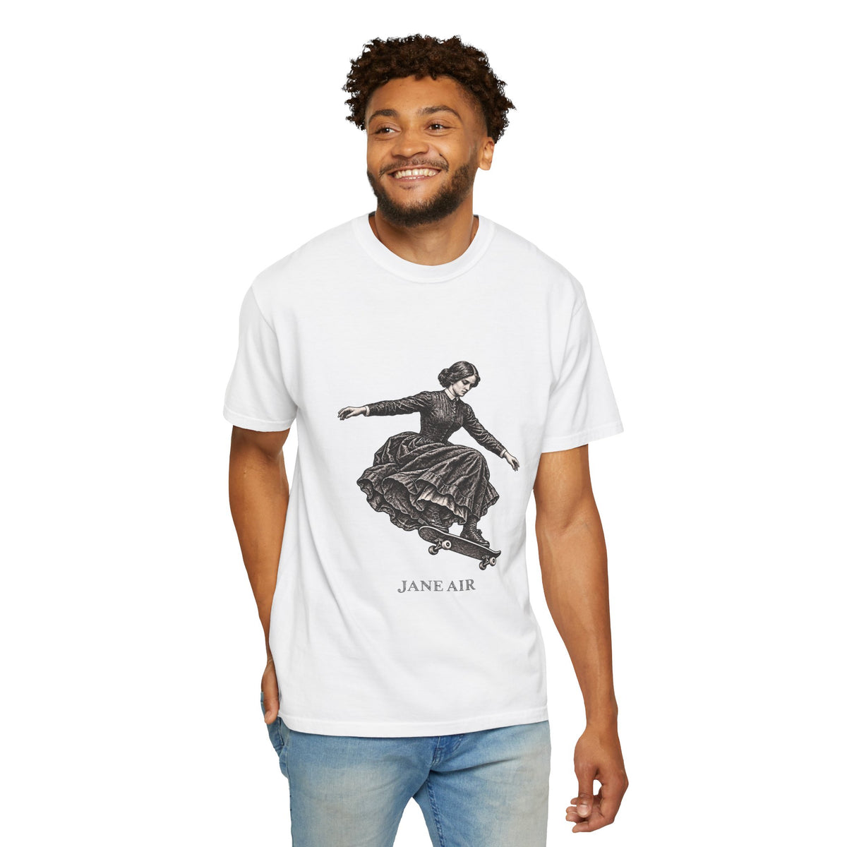 Jane Air t-shirt: Jane Eyre-inspired woman in period dress on a skateboard