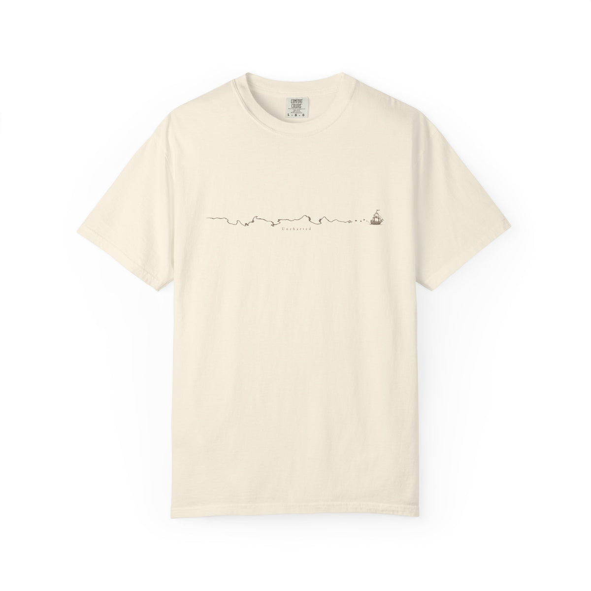 Uncharted t-shirt: fine-line panorama of paths, mountains and a ship