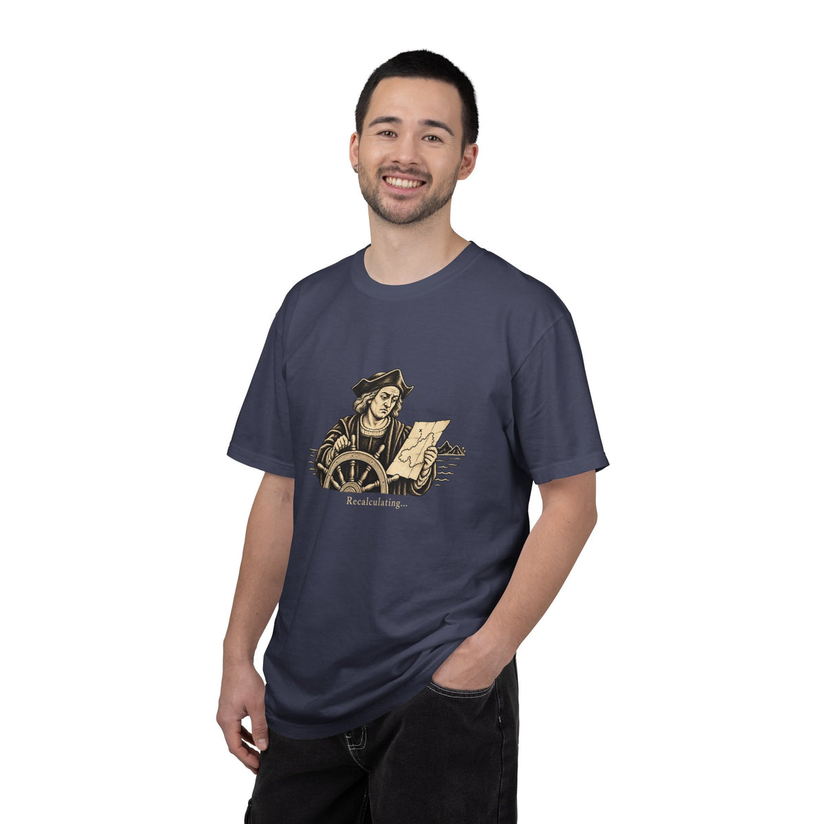 Recalculating t-shirt: vintage navigator at a ship's wheel