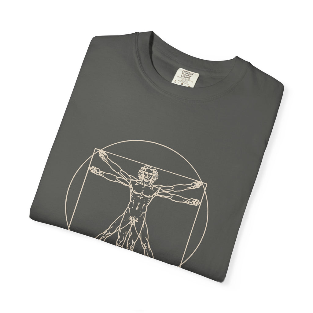 Built Different t-shirt: tonal Leonardo-style anatomy sketch