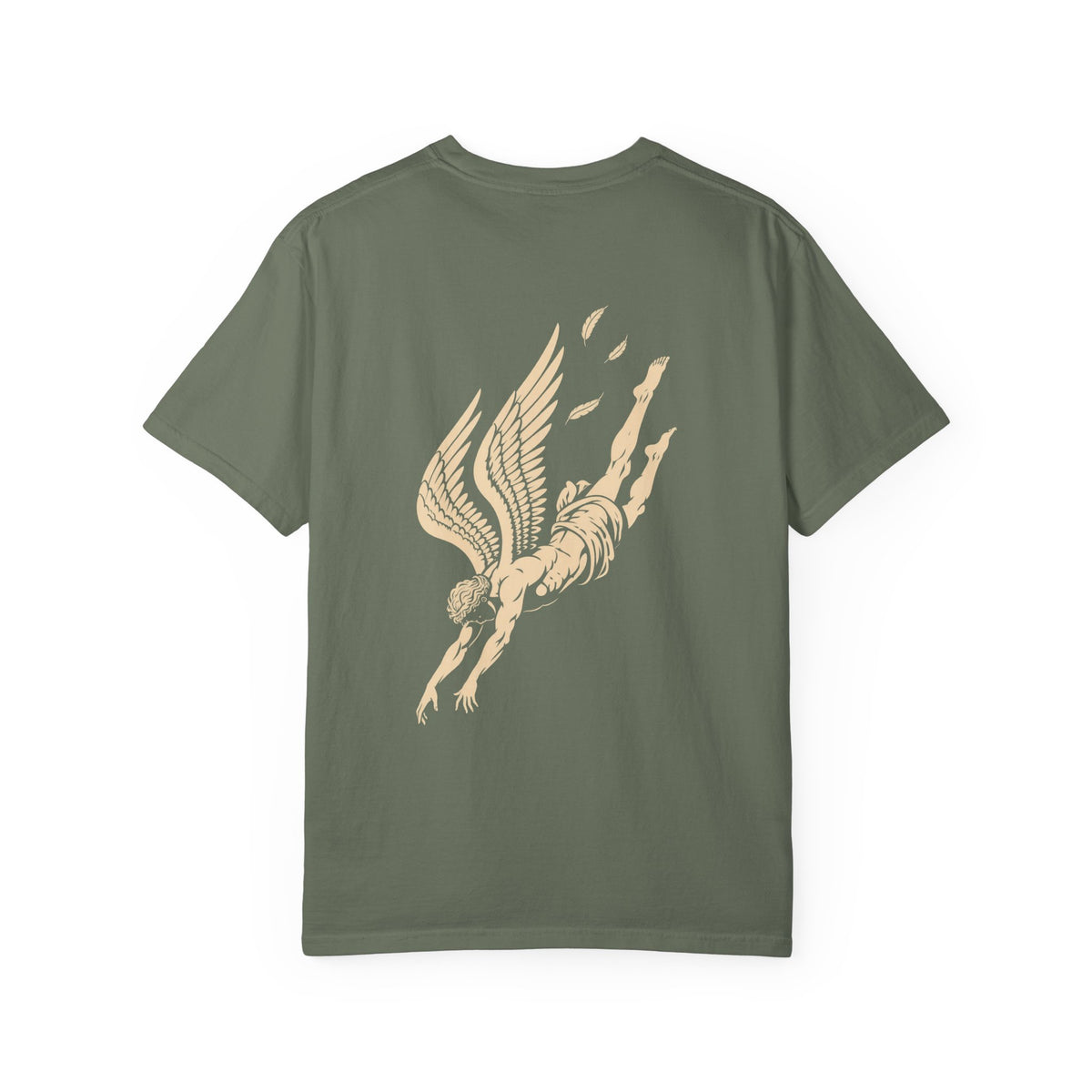 Falling Figure t-shirt: falling winged figure back print with Nexus chest monogram