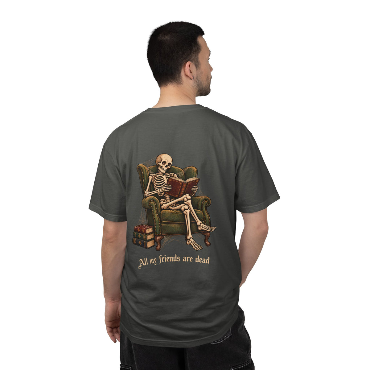 All My Friends Are Dead One More Chapter t-shirt: skeleton reading in an armchair