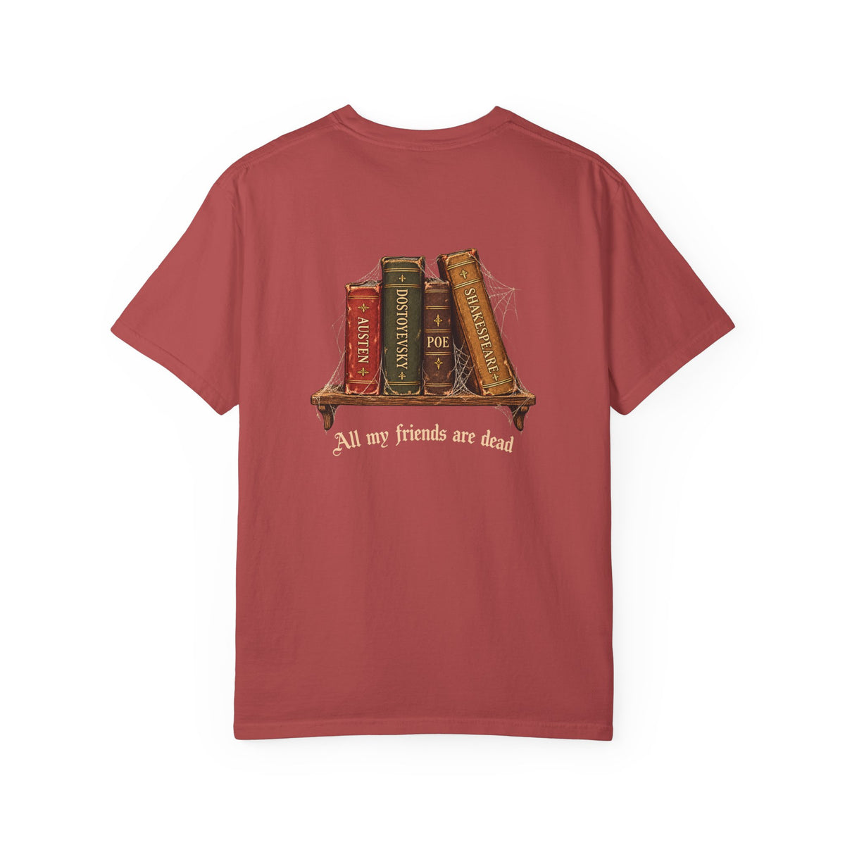 All My Friends Are Dead Dead Letters t-shirt: aged books and cobwebs