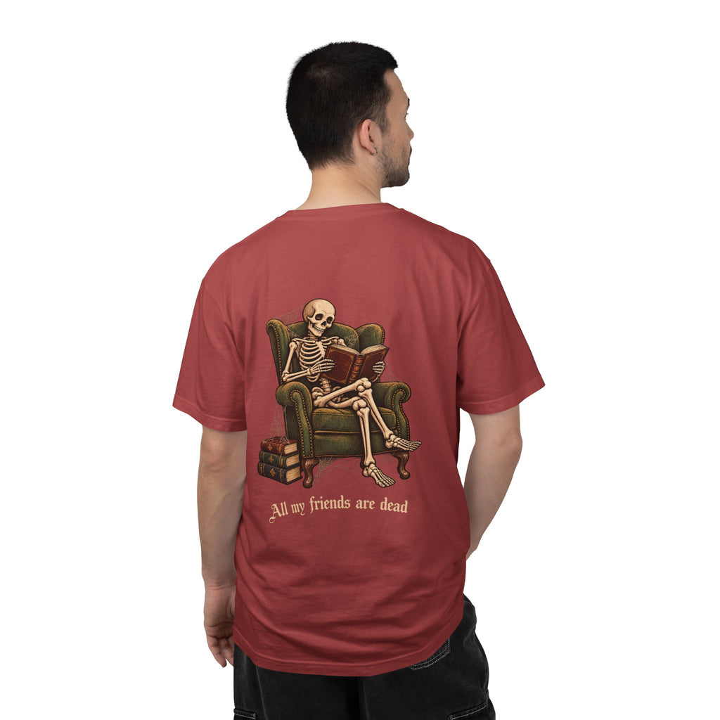 All My Friends Are Dead One More Chapter t-shirt: skeleton reading in an armchair