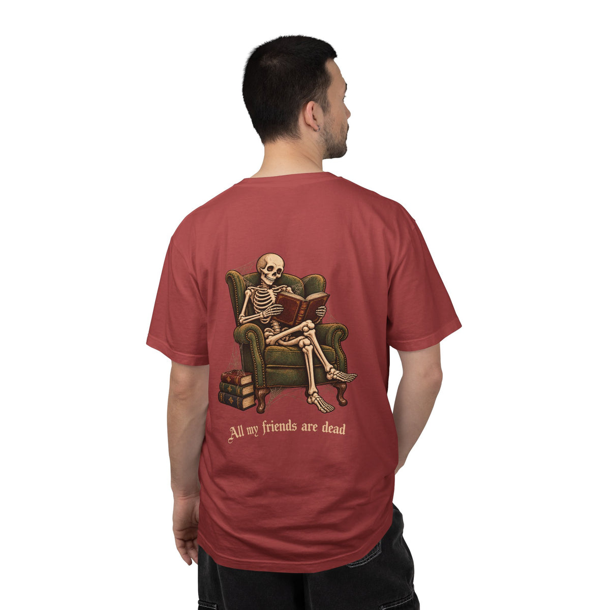 All My Friends Are Dead One More Chapter t-shirt: skeleton reading in an armchair