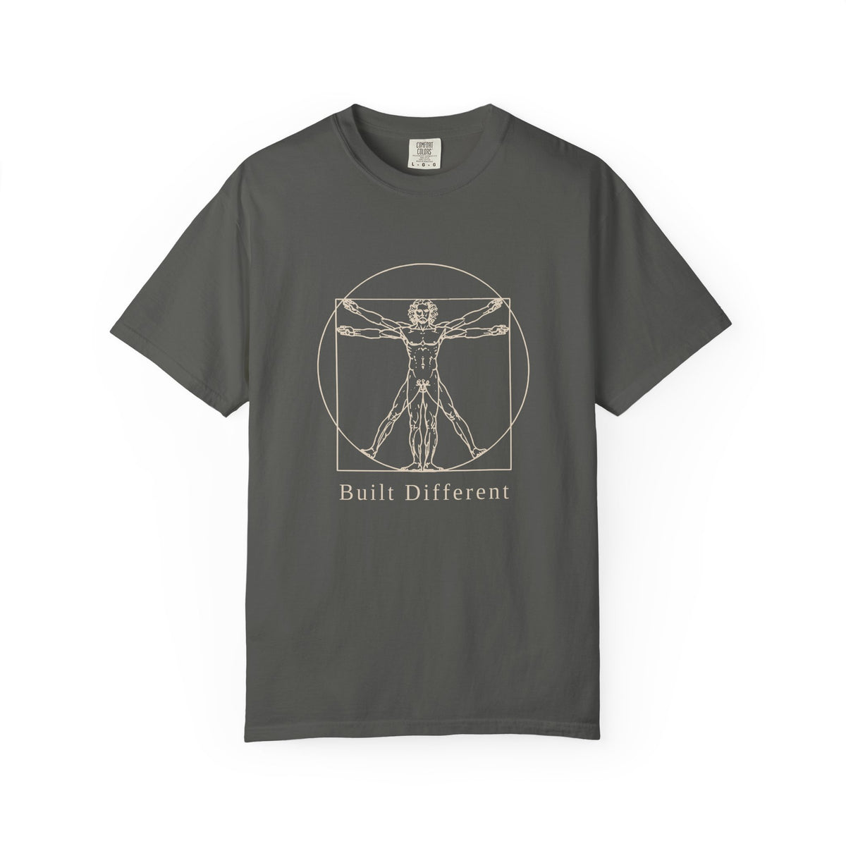 Built Different t-shirt: tonal Leonardo-style anatomy sketch