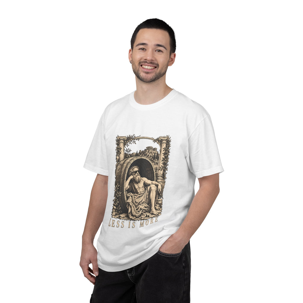 Less Is More t-shirt: Diogenes in sunglasses reclining in his barrel
