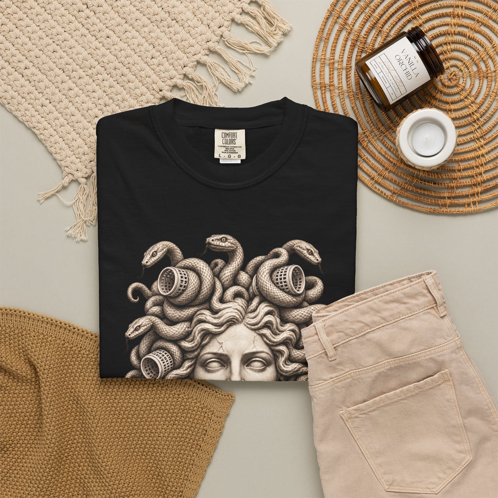 Bad Hair Day t-shirt: Medusa with her snakes in hair rollers