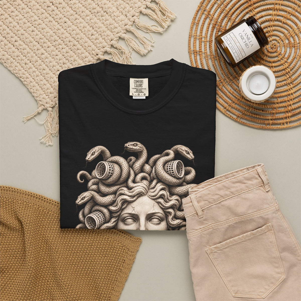 Bad Hair Day t-shirt: Medusa with her snakes in hair rollers