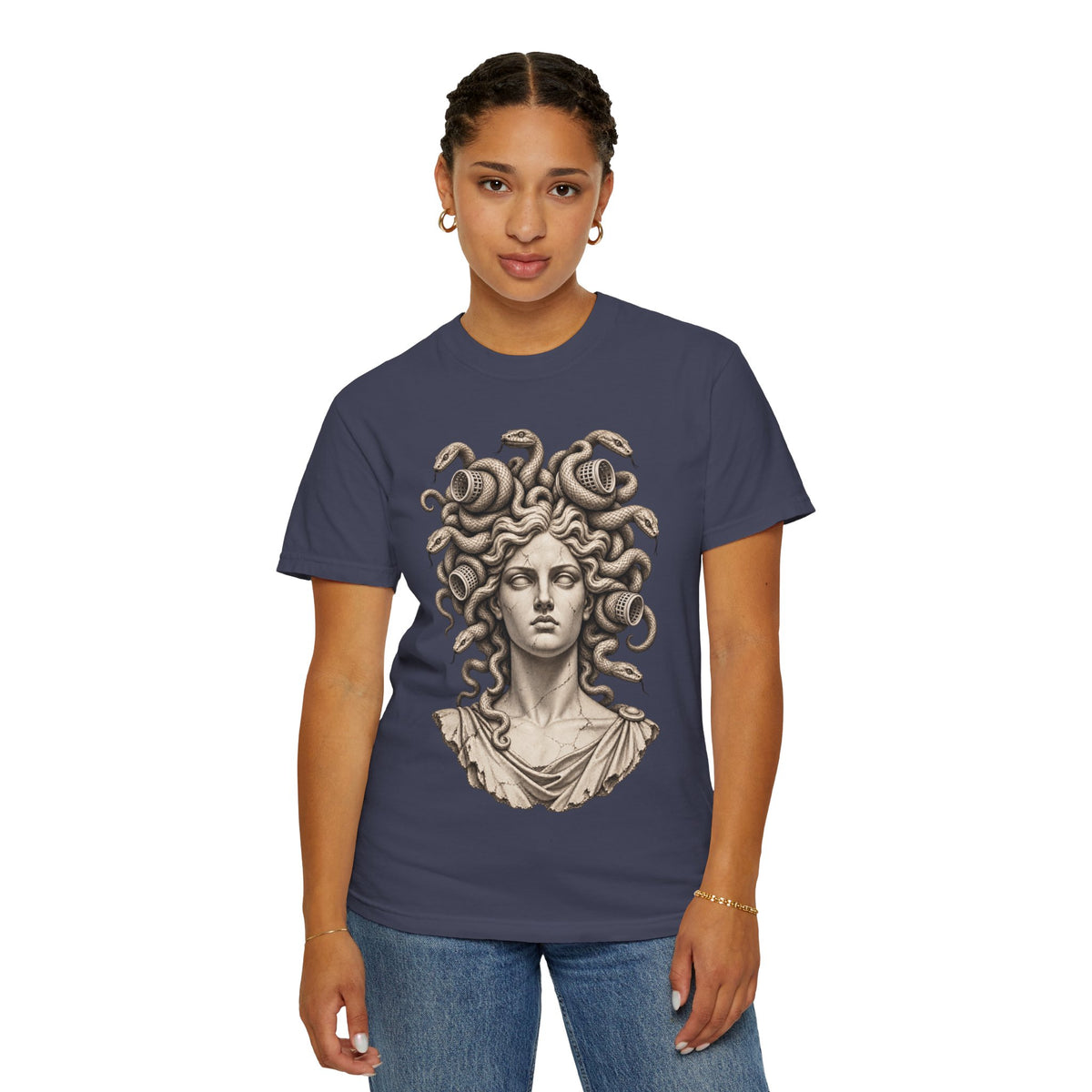 Bad Hair Day t-shirt: Medusa with her snakes in hair rollers