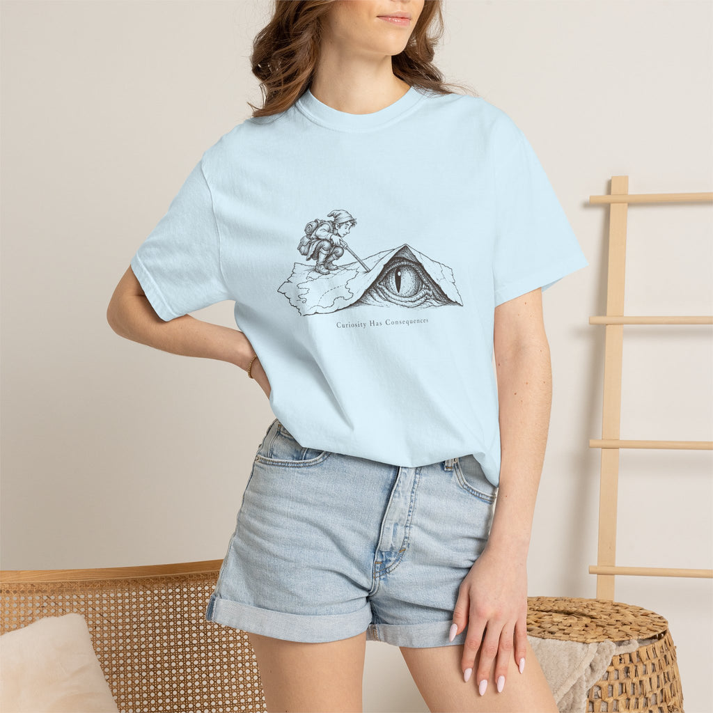 Curiosity Has Consequences t-shirt: vintage explorer at a mountain cave