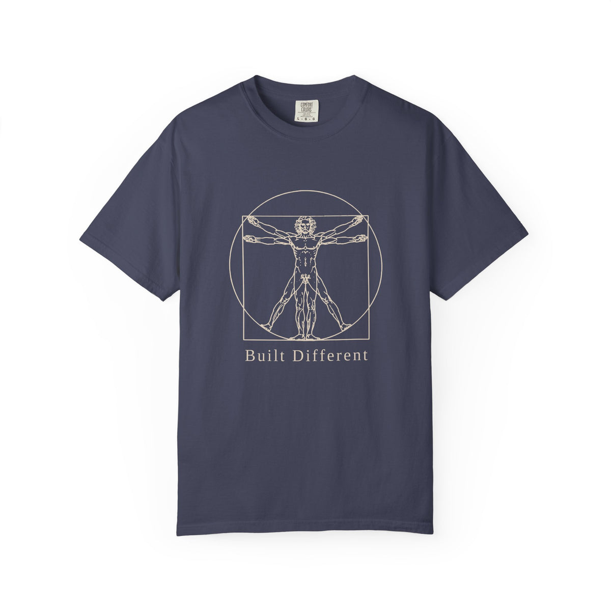 Built Different t-shirt: tonal Leonardo-style anatomy sketch