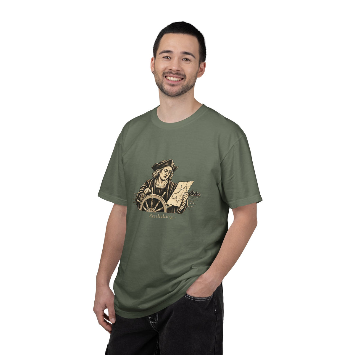 Recalculating t-shirt: vintage navigator at a ship's wheel
