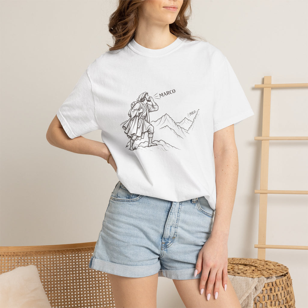 Marco / Polo t-shirt: vintage explorer calling across the mountains
