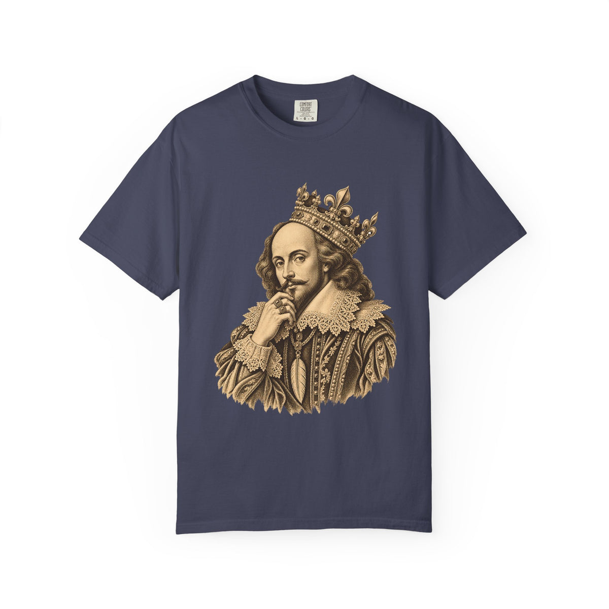 The Bard t-shirt: crowned William Shakespeare engraving-style portrait