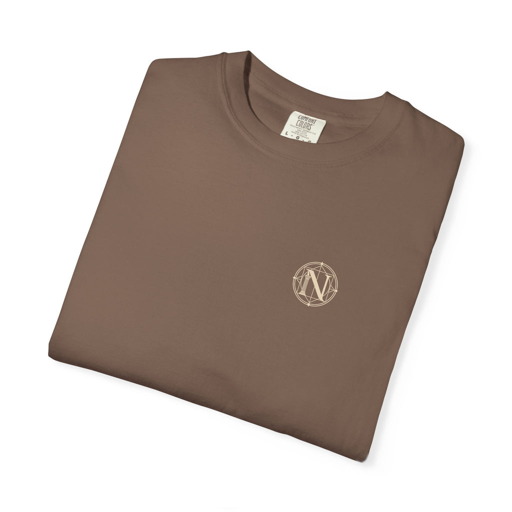 Observatory t-shirt: armillary sphere back print with Nexus chest monogram