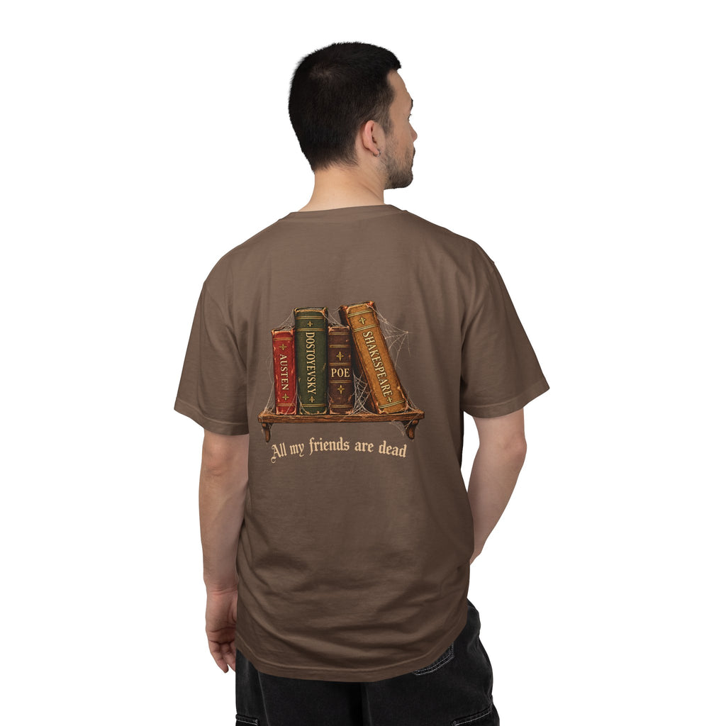 All My Friends Are Dead Dead Letters t-shirt: aged books and cobwebs