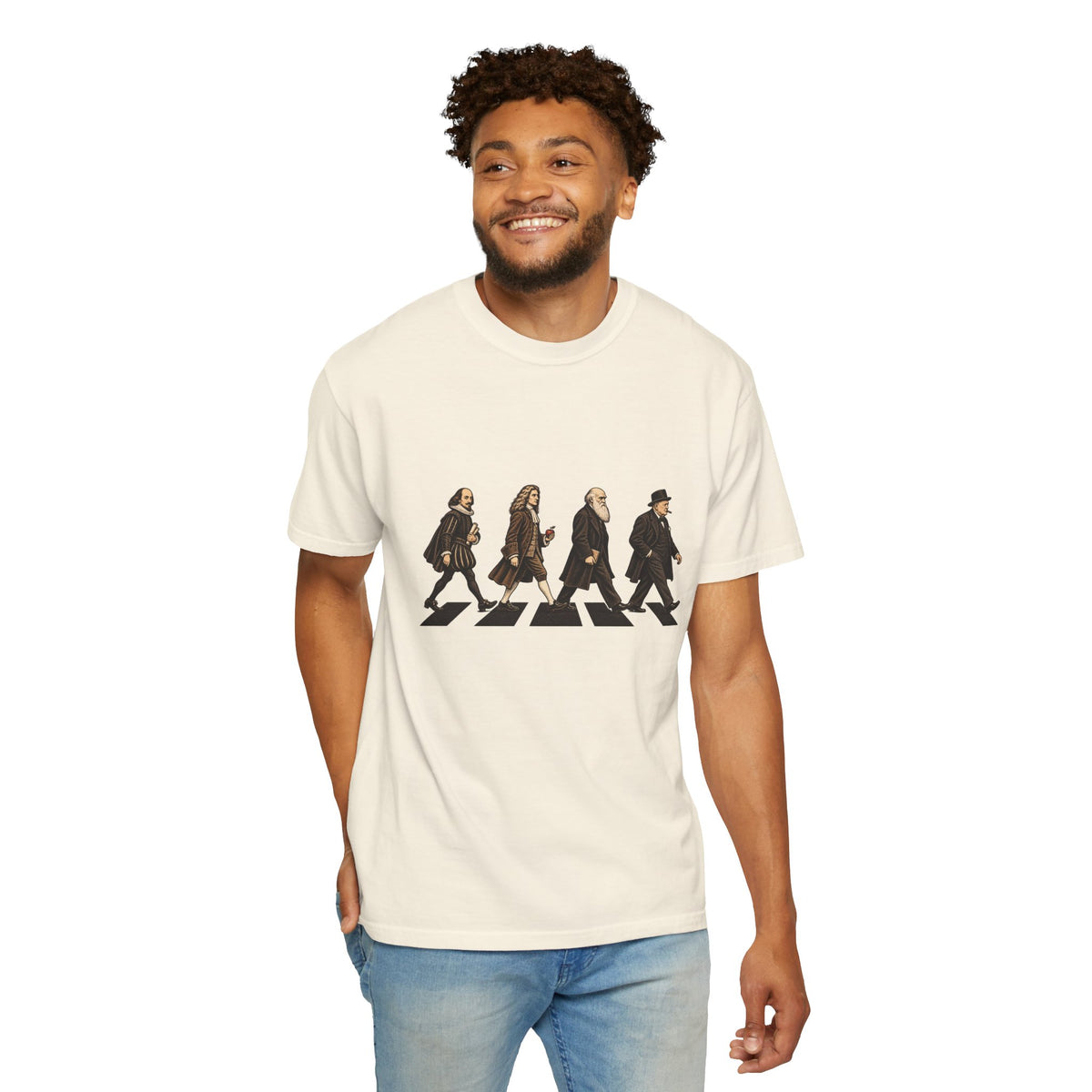 The Thought Procession t-shirt: Shakespeare, Newton, Darwin and Churchill on a crosswalk