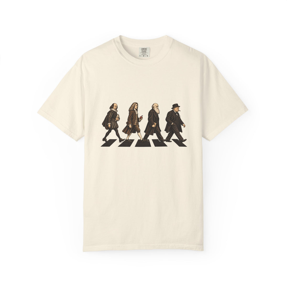 The Thought Procession t-shirt: Shakespeare, Newton, Darwin and Churchill on a crosswalk