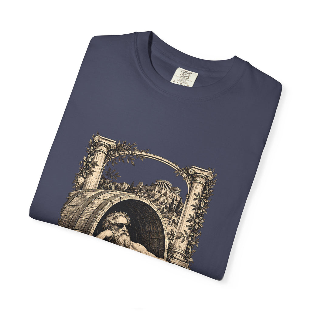Less Is More t-shirt: Diogenes in sunglasses reclining in his barrel