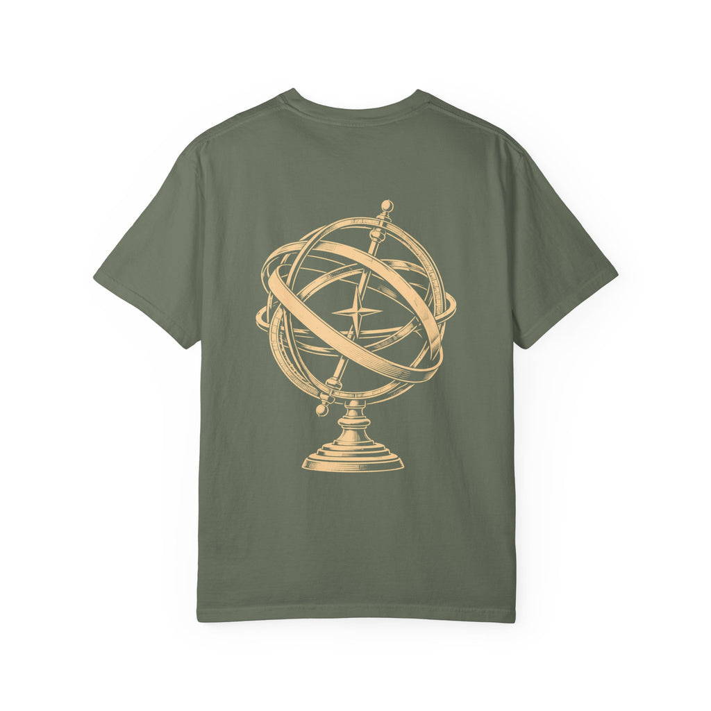 Observatory t-shirt: armillary sphere back print with Nexus chest monogram