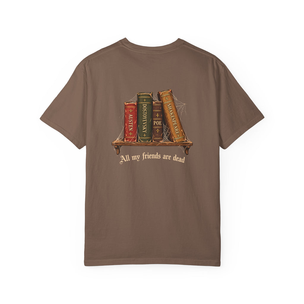 All My Friends Are Dead Dead Letters t-shirt: aged books and cobwebs