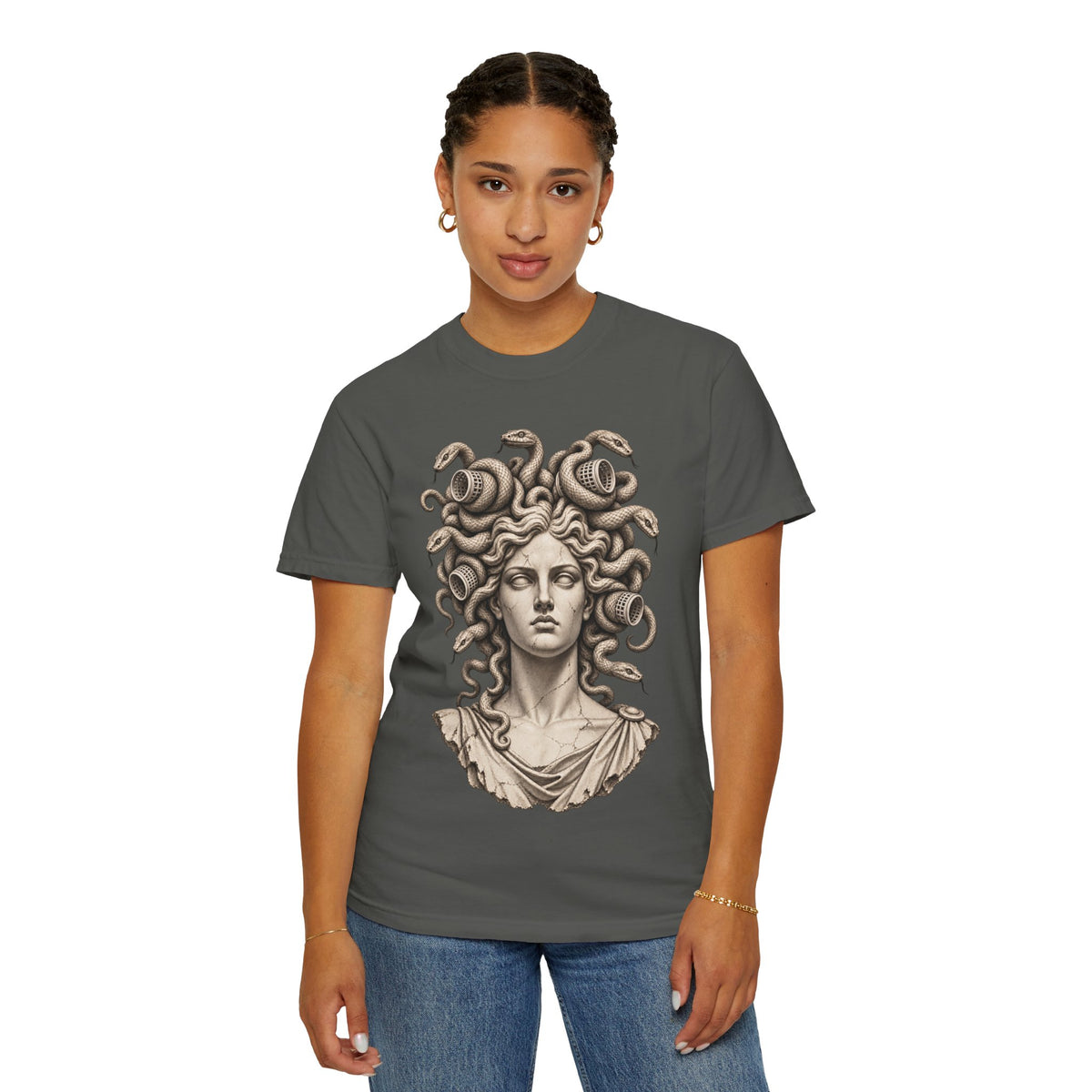 Bad Hair Day t-shirt: Medusa with her snakes in hair rollers