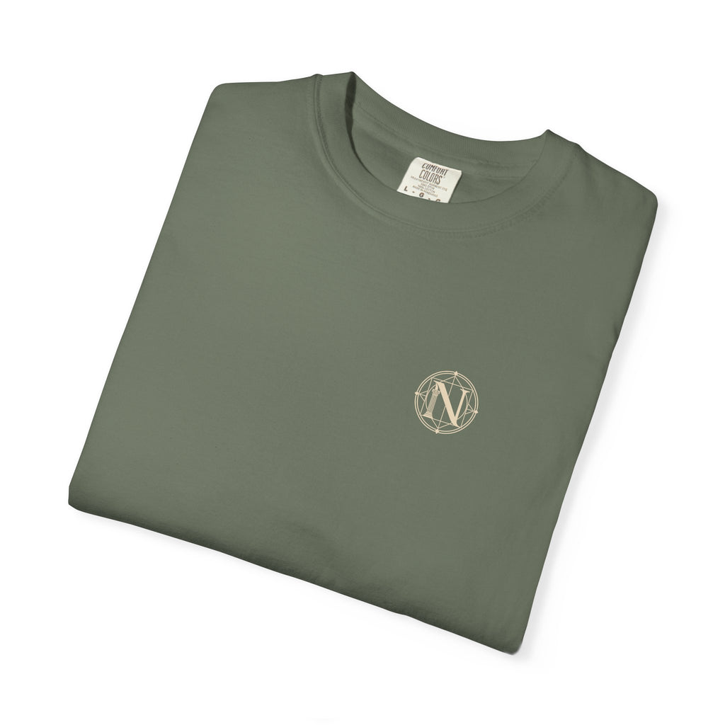 Falling Figure t-shirt: falling winged figure back print with Nexus chest monogram
