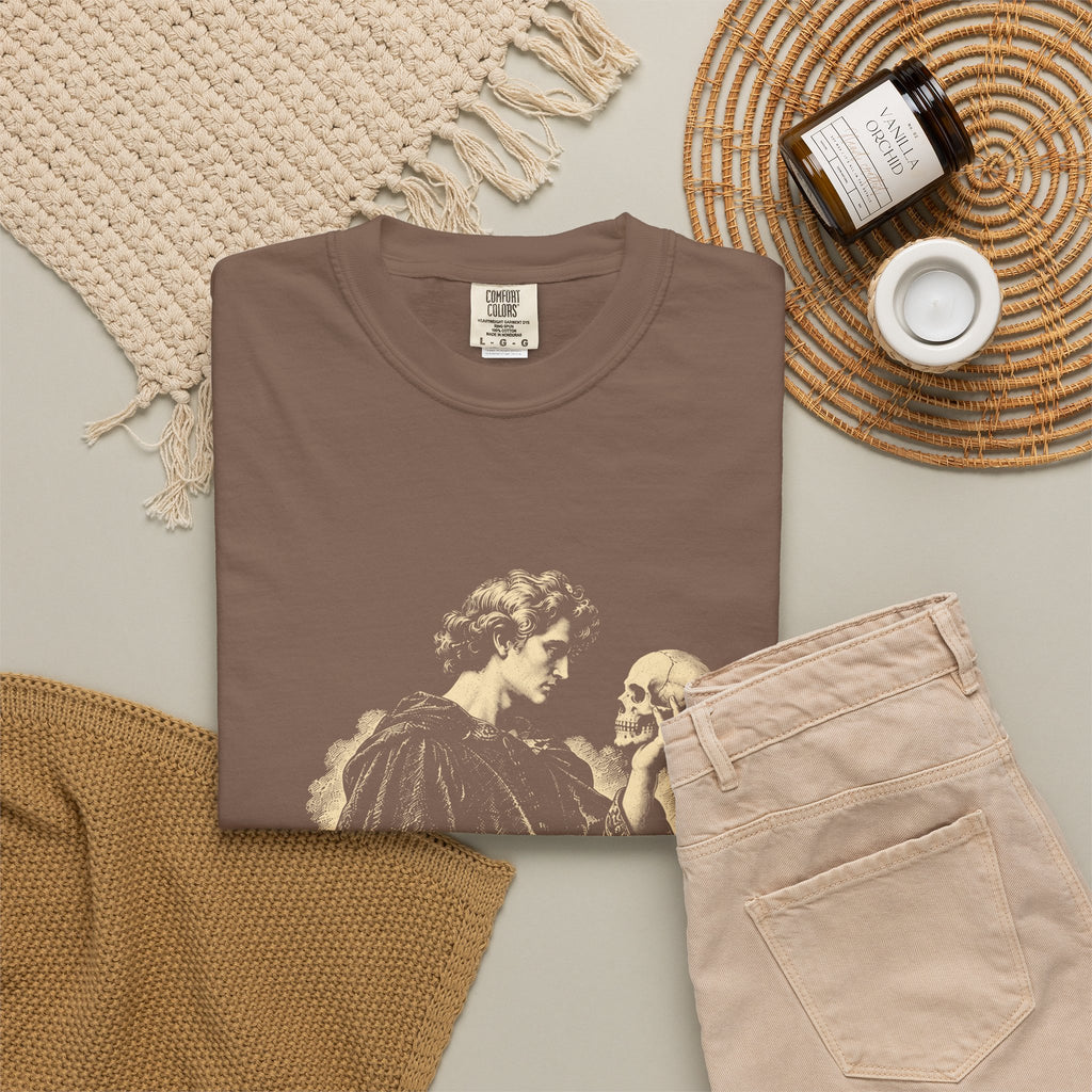 To Be Determined t-shirt: Hamlet holding a skull above To Be / Not to Be checkboxes