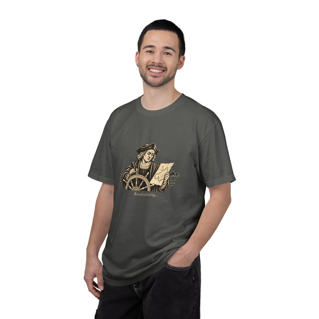 Recalculating t-shirt: vintage navigator at a ship's wheel