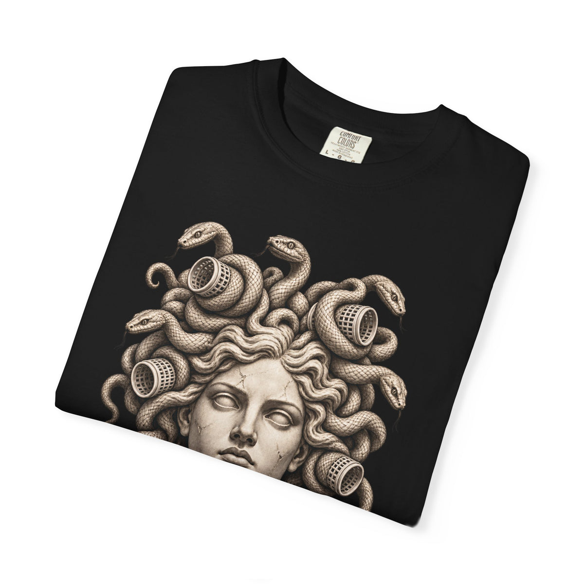 Bad Hair Day t-shirt: Medusa with her snakes in hair rollers