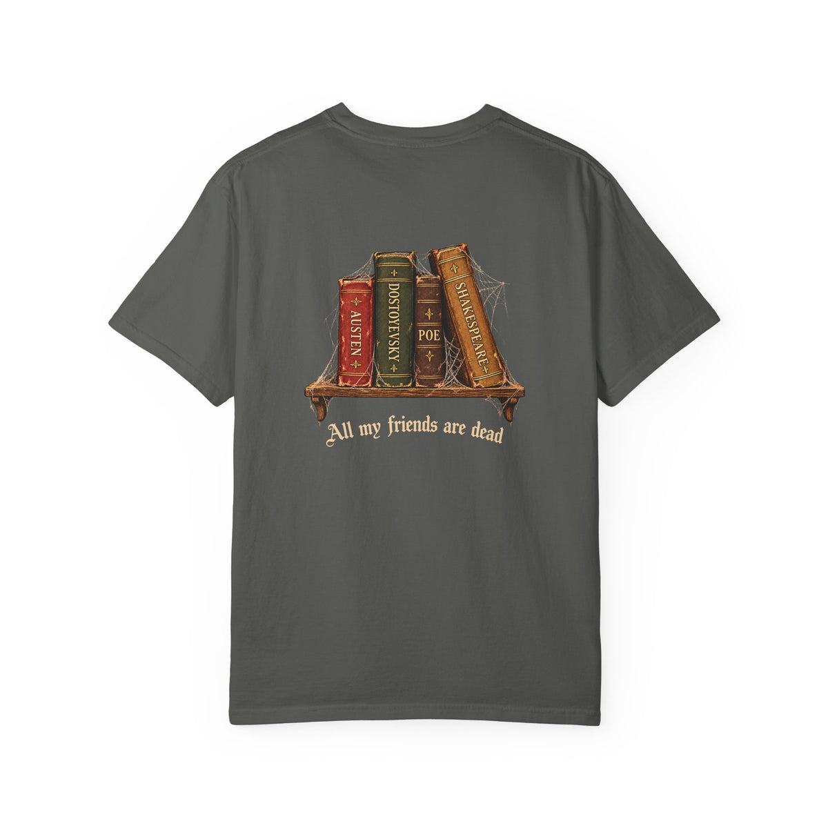 All My Friends Are Dead Dead Letters t-shirt: aged books and cobwebs