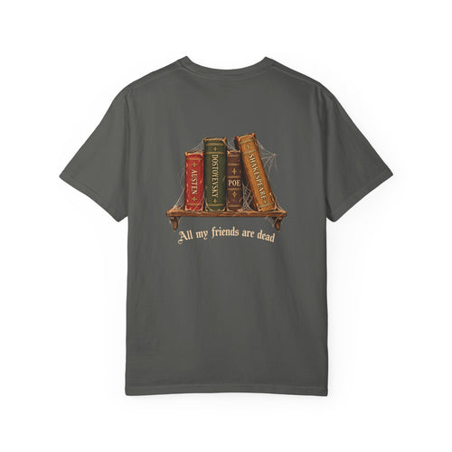 All My Friends Are Dead Dead Letters t-shirt: aged books and cobwebs