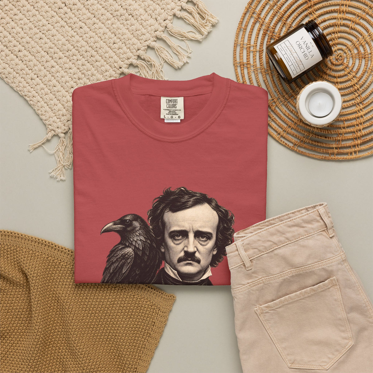 Poe After Dark t-shirt: Edgar Allan Poe portrait with a raven