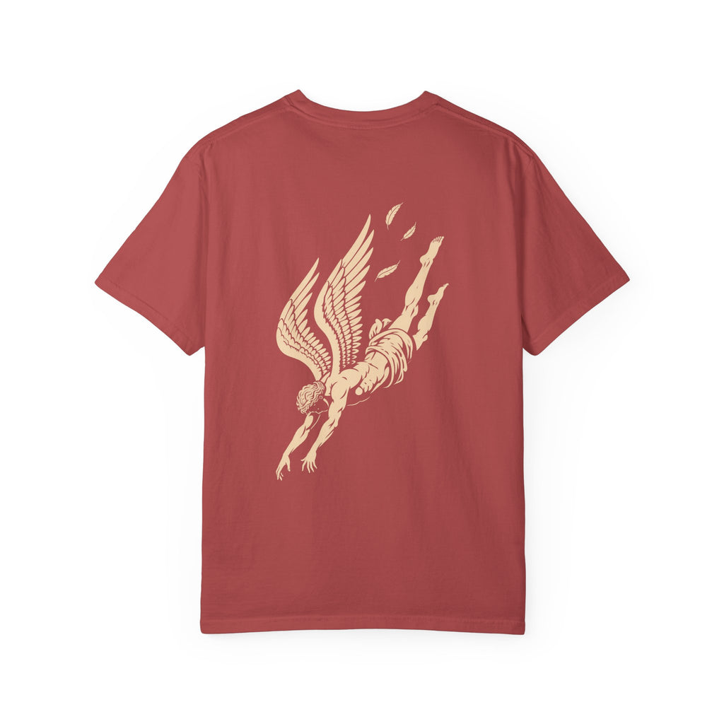 Falling Figure t-shirt: falling winged figure back print with Nexus chest monogram