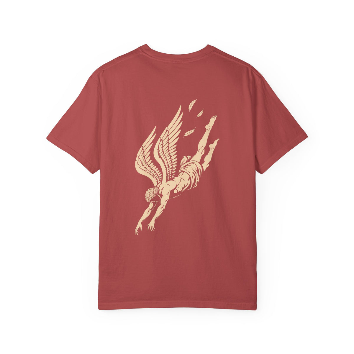 Falling Figure t-shirt: falling winged figure back print with Nexus chest monogram