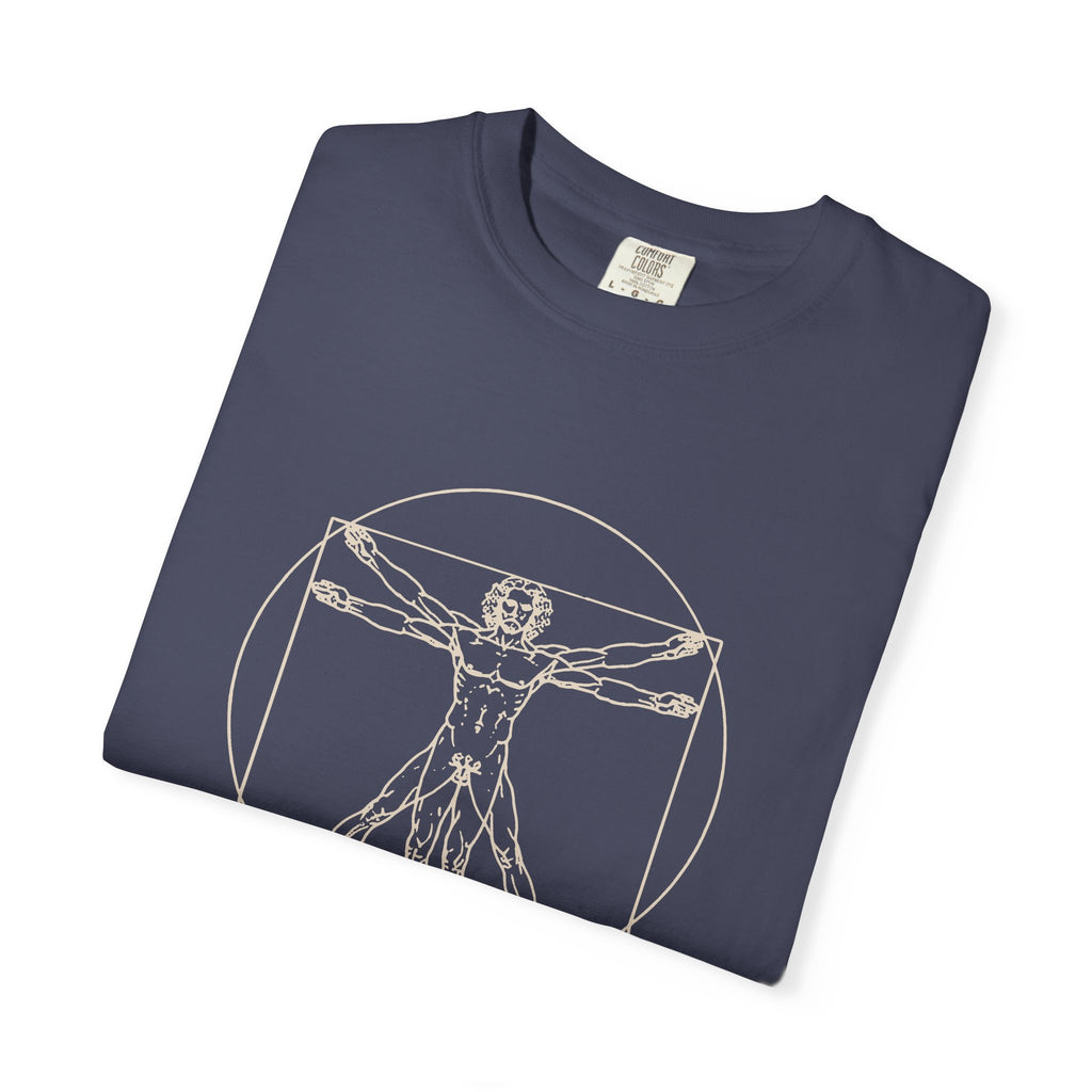 Built Different t-shirt: tonal Leonardo-style anatomy sketch