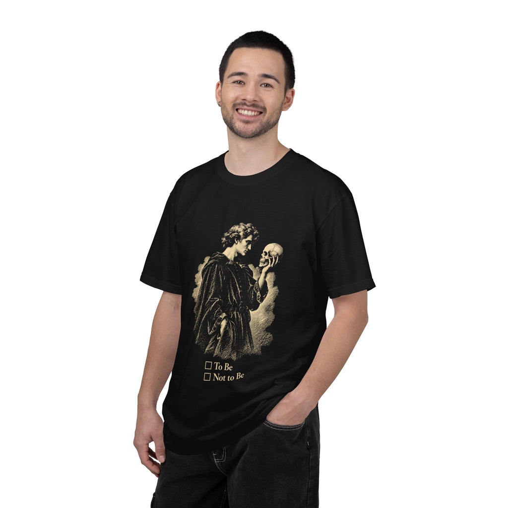 To Be Determined t-shirt: Hamlet holding a skull above To Be / Not to Be checkboxes