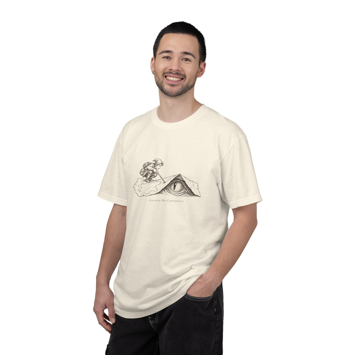 Curiosity Has Consequences t-shirt: vintage explorer at a mountain cave