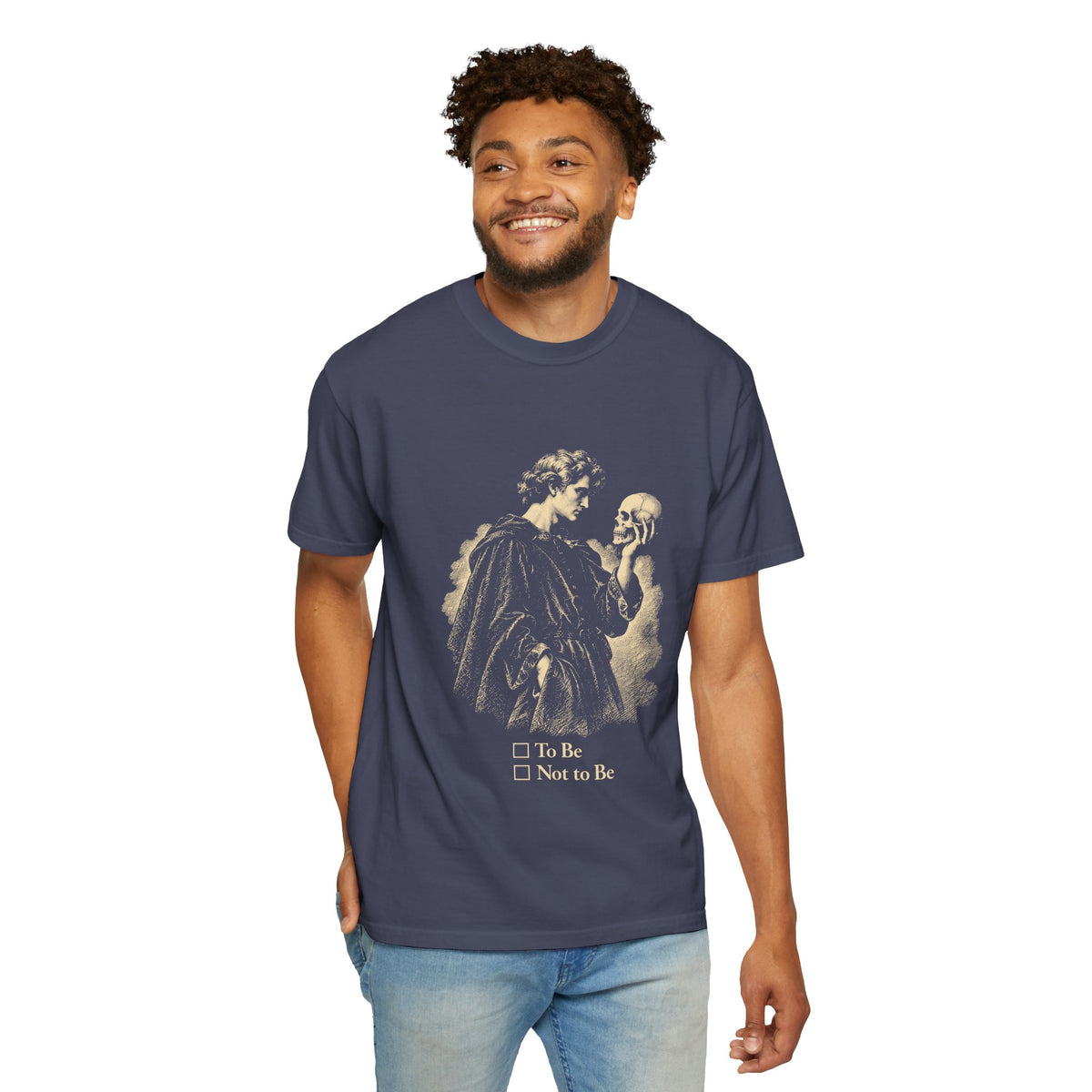 To Be Determined t-shirt: Hamlet holding a skull above To Be / Not to Be checkboxes