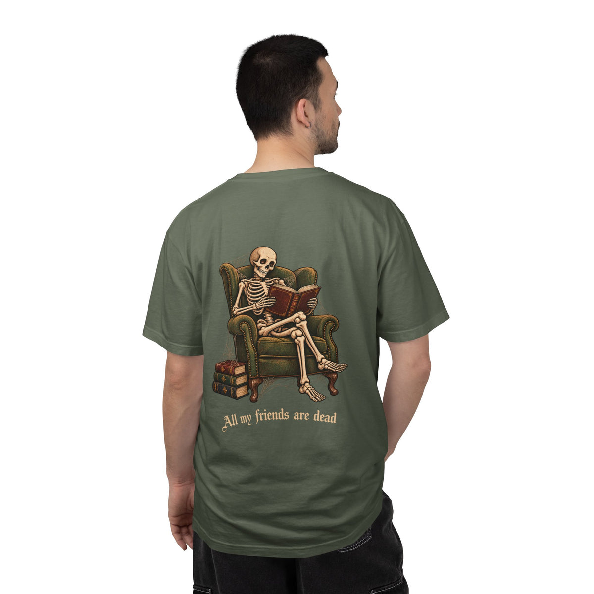 All My Friends Are Dead One More Chapter t-shirt: skeleton reading in an armchair