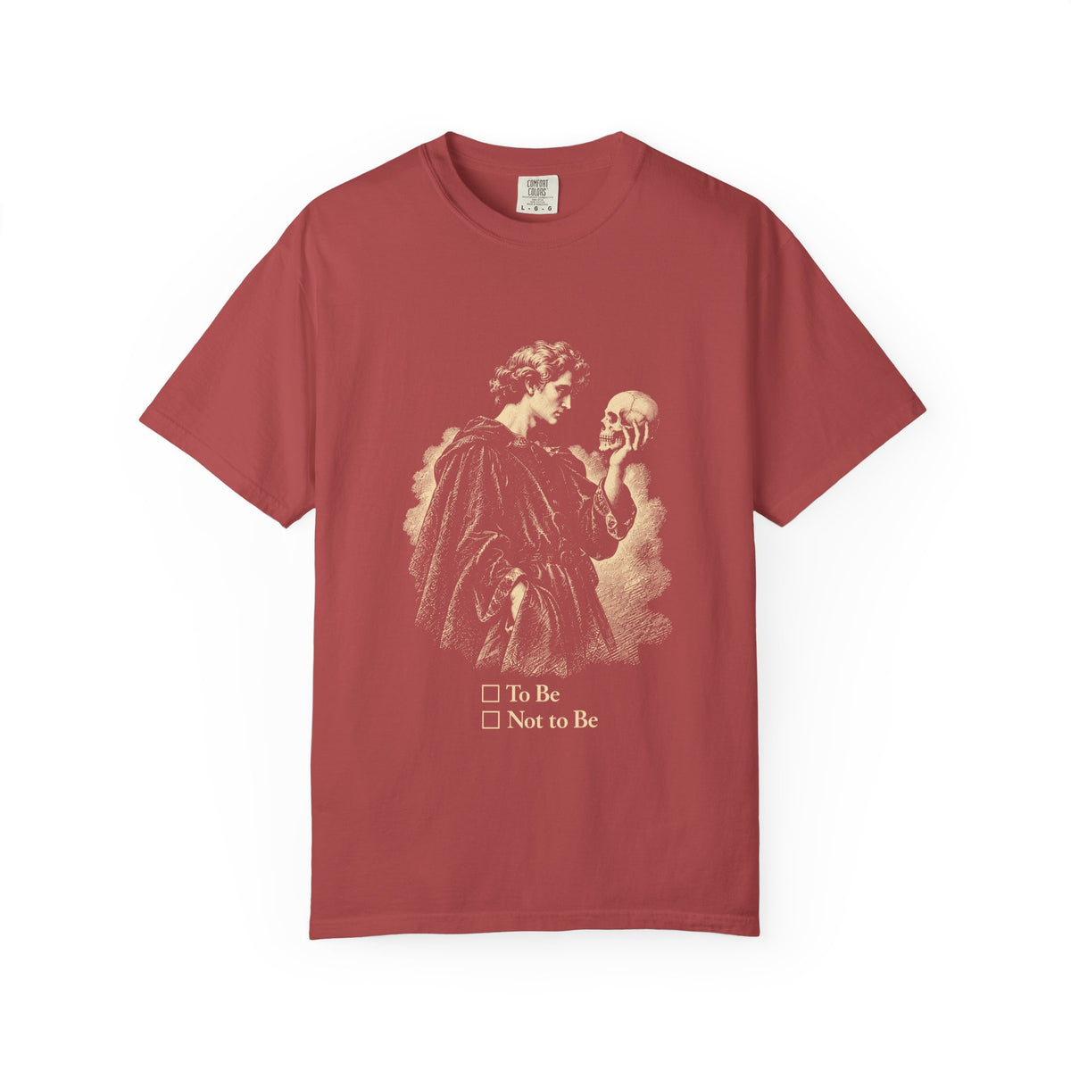 To Be Determined t-shirt: Hamlet holding a skull above To Be / Not to Be checkboxes