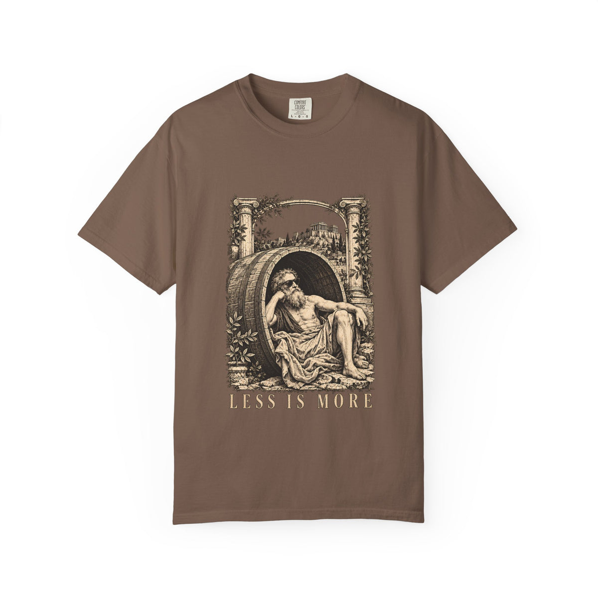 Less Is More t-shirt: Diogenes in sunglasses reclining in his barrel