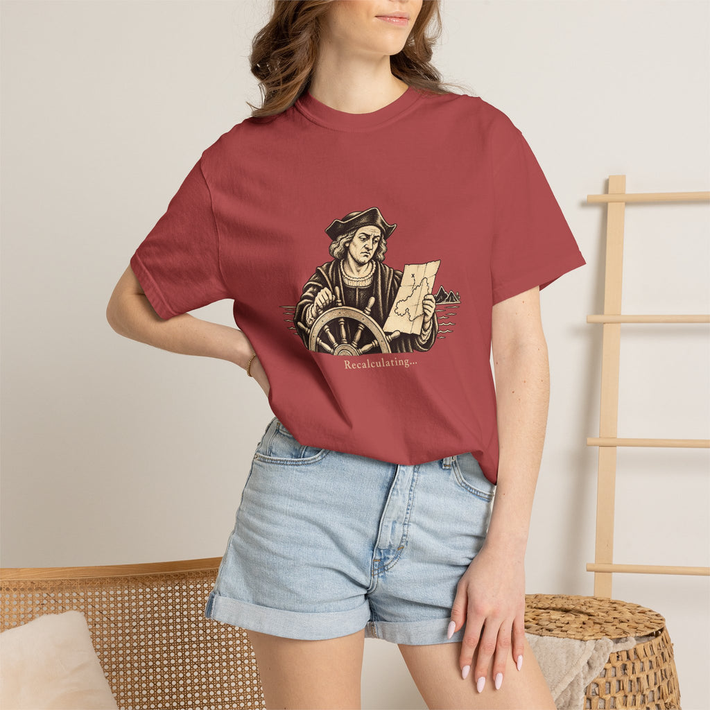 Recalculating t-shirt: vintage navigator at a ship's wheel